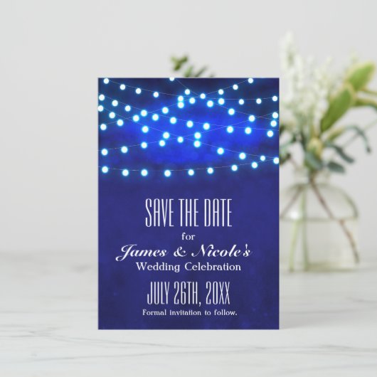 Blue Rustic Night String Lights Save the Date Card (Stehend Vorderseite)
