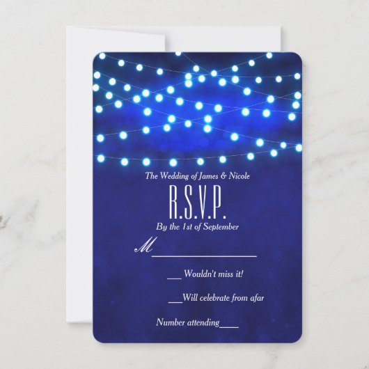 Blue Rustic Night String Lights Wedding RSVP Karte (Vorderseite)