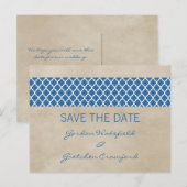 Blue Rustic Quatrefolie Save the Date Postkarte (Vorne/Hinten)