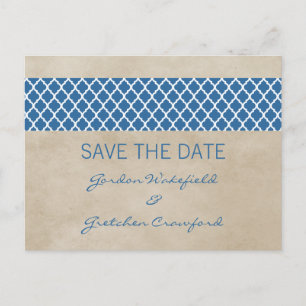 Blue Rustic Quatrefolie Save the Date Postkarte
