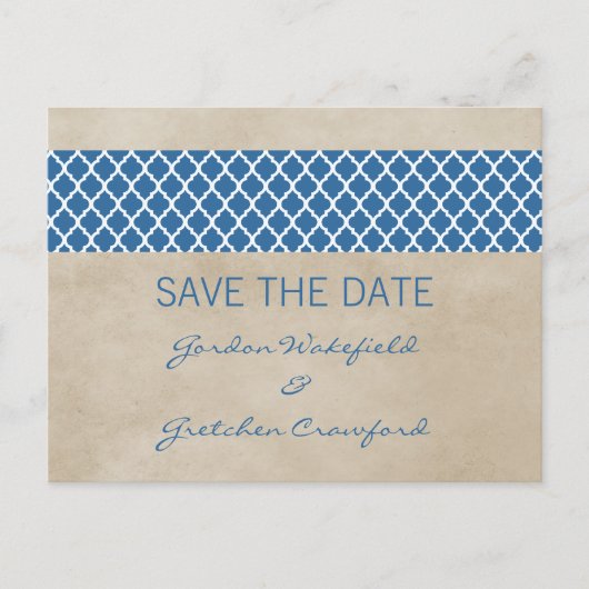 Blue Rustic Quatrefolie Save the Date Postkarte (Vorderseite)