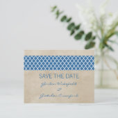 Blue Rustic Quatrefolie Save the Date Postkarte (Stehend Vorderseite)
