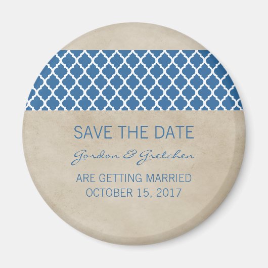 Blue Rustic Quatrefolie Speichern Sie das Date Mag Magnet (Vorne)