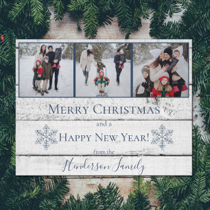 Blue Rustic Snowflakes Flat Holiday Foto Card Feiertagskarte