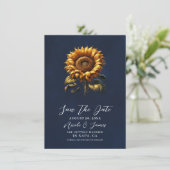 Blue Rustic Sonnenblume Hochzeit speichern das Dat Einladung (Stehend Vorderseite)