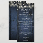 Blue Rustic String Lights Barn Wood Wedding Menükarte (Vorne/Hinten)