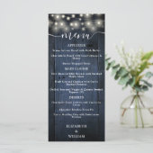Blue Rustic String Lights Barn Wood Wedding Menükarte (Stehend Vorderseite)