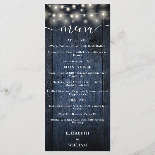 Blue Rustic String Lights Barn Wood Wedding Menükarte (Vorderseite)