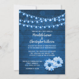 Blue Rustic String Lights Daisy Wedding Einladung