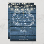 Blue Rustic String Lights Foliage Erste Kommune Einladung (Vorne/Hinten)