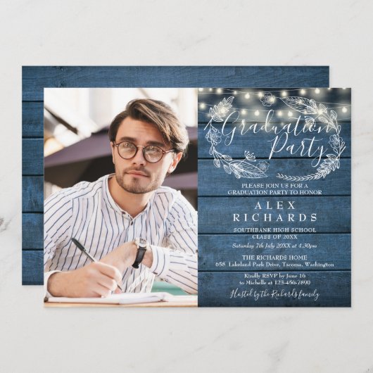 Blue Rustic String Lights Foto Graduation Party Einladung (Vorne/Hinten)