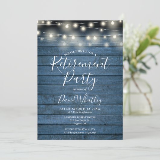 Blue Rustic String Lights Foto Retirement Party Einladung (Stehend Vorderseite)