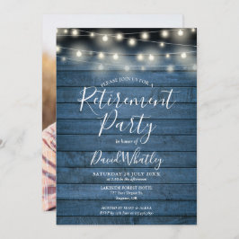 Blue Rustic String Lights Foto Retirement Party Einladung