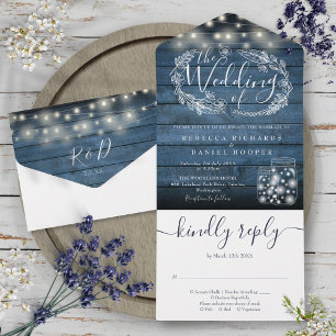 Blue Rustic String Lights Mason Jar Floral Wedding All In One Einladung