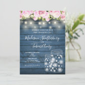 Blue Rustic String Lights Mason Jar Floral Wedding Einladung (Stehend Vorderseite)