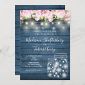 Blue Rustic String Lights Mason Jar Floral Wedding Einladung (Vorne/Hinten)