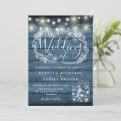 Blue Rustic String Lights Mason Jars Wedding Einladung (Stehend Vorderseite)