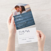 Blue Rustic String Lights Monogram Foto Wedding All In One Einladung (Abreißen)