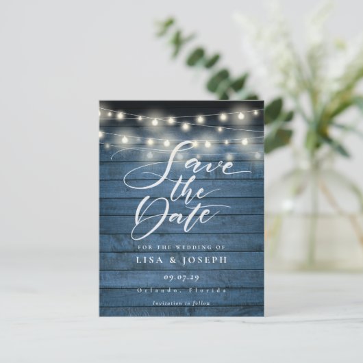 Blue Rustic String Lights QR Code Save the Date Postkarte (Stehend Vorderseite)