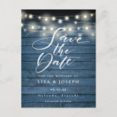 Blue Rustic String Lights Save the Date Foto Post Postkarte (Vorderseite)