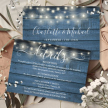 Blue Rustic String Lights Script Hochzeitsdetails