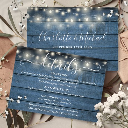 Blue Rustic String Lights Script Hochzeitsdetails Begleitkarte
