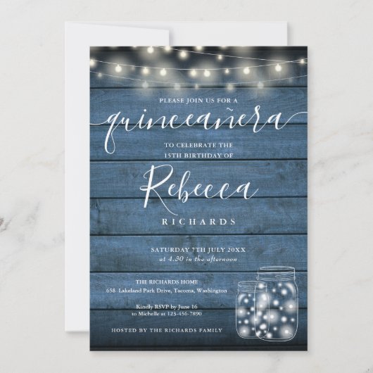 Blue Rustic String Lights Script Quinceañera 15. Einladung (Vorderseite)