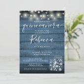Blue Rustic String Lights Script Quinceañera 15. Einladung (Stehend Vorderseite)