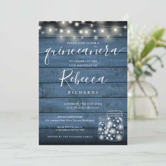Blue Rustic String Lights Script Quinceañera 15. Einladung (Stehend Vorderseite)