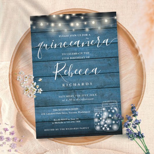 Blue Rustic String Lights Script Quinceañera 15. Einladung
