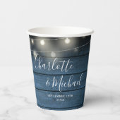 Blue Rustic String Lights Signature Script Hochzei Pappbecher (Rückseite)