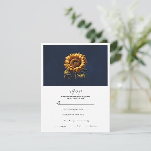 Blue Rustic Sunflower Wedding RSVP Einladung (Stehend Vorderseite)