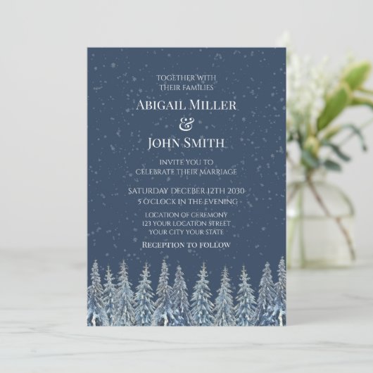 Blue Rustic Winter Forest Wedding Invitations Einladung (Stehend Vorderseite)