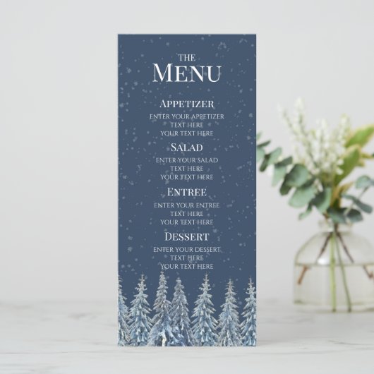 Blue Rustic Winter Forest Wedding Menu Menükarte (Stehend Vorderseite)