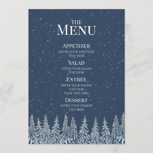 Blue Rustic Winter Forest Wedding Menu Menükarte (Vorderseite)