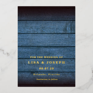 Blue Rustic Wood Country Script Save the Date Folieneinladung