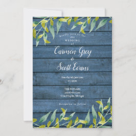 Blue Rustic Wood Eukalyptus Greenerity Wedding Einladung