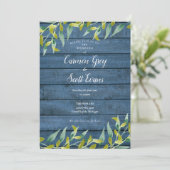 Blue Rustic Wood Eukalyptus Greenerity Wedding Einladung (Stehend Vorderseite)
