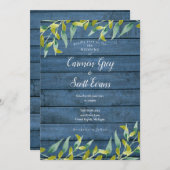 Blue Rustic Wood Eukalyptus Greenerity Wedding Einladung (Vorne/Hinten)