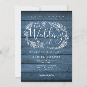 Blue Rustic Wood Floral Garland Script Hochzeit Einladung