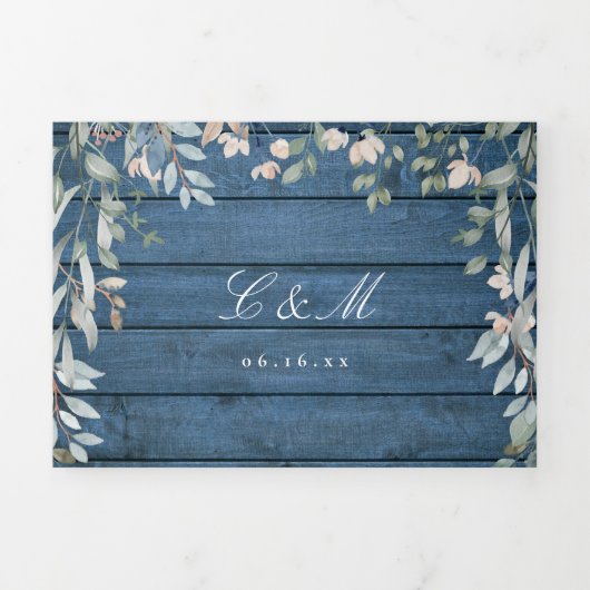 Blue Rustic Wood Floral Wildblumen Foto Hochzeit Dreifach Gefaltete Einladung (Cover)