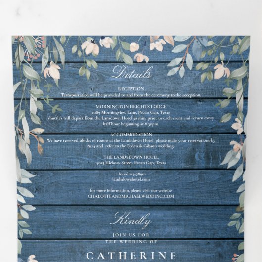 Blue Rustic Wood Floral Wildblumen Foto Hochzeit Dreifach Gefaltete Einladung (Innen Erste Seite)