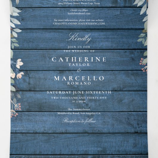 Blue Rustic Wood Floral Wildblumen Foto Hochzeit Dreifach Gefaltete Einladung (Innenseite Mitte)