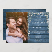 Blue Rustic Wood Floral Wildblumen Foto Hochzeit Einladung (Vorne/Hinten)