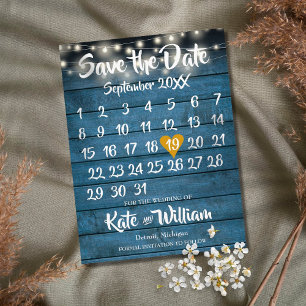 Blue Rustic Wood Gold Herzkalender Save the Date Ankündigungspostkarte