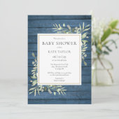 Blue Rustic Wood Greenery Baby Dusche Einladung (Stehend Vorderseite)