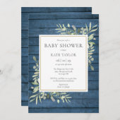 Blue Rustic Wood Greenery Baby Dusche Einladung (Vorne/Hinten)
