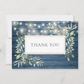 Blue Rustic Wood Greenery String Lights Thank You Dankeskarte (Vorderseite)