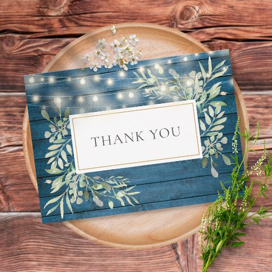 Blue Rustic Wood Greenery String Lights Thank You Dankeskarte