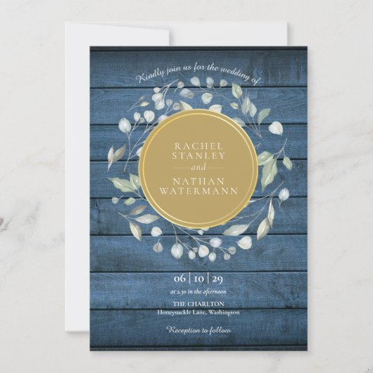 Blue Rustic Wood Laurel Garland Gold Wedding Einladung (Vorderseite)
